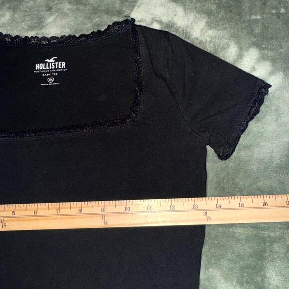 Hollister Baby Tee Crop Top Women’s XS Black Lace Trim Short Sleeve Square Neck - Picture 6 of 6